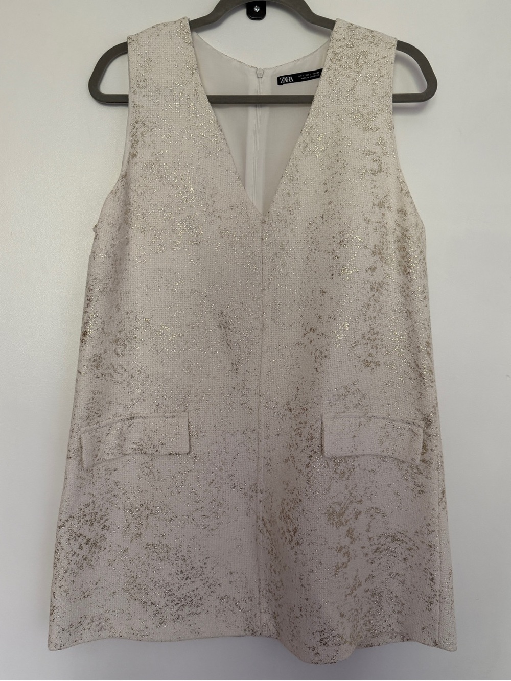 Zara Cream Gold Metallic V-Neck Shift Dress